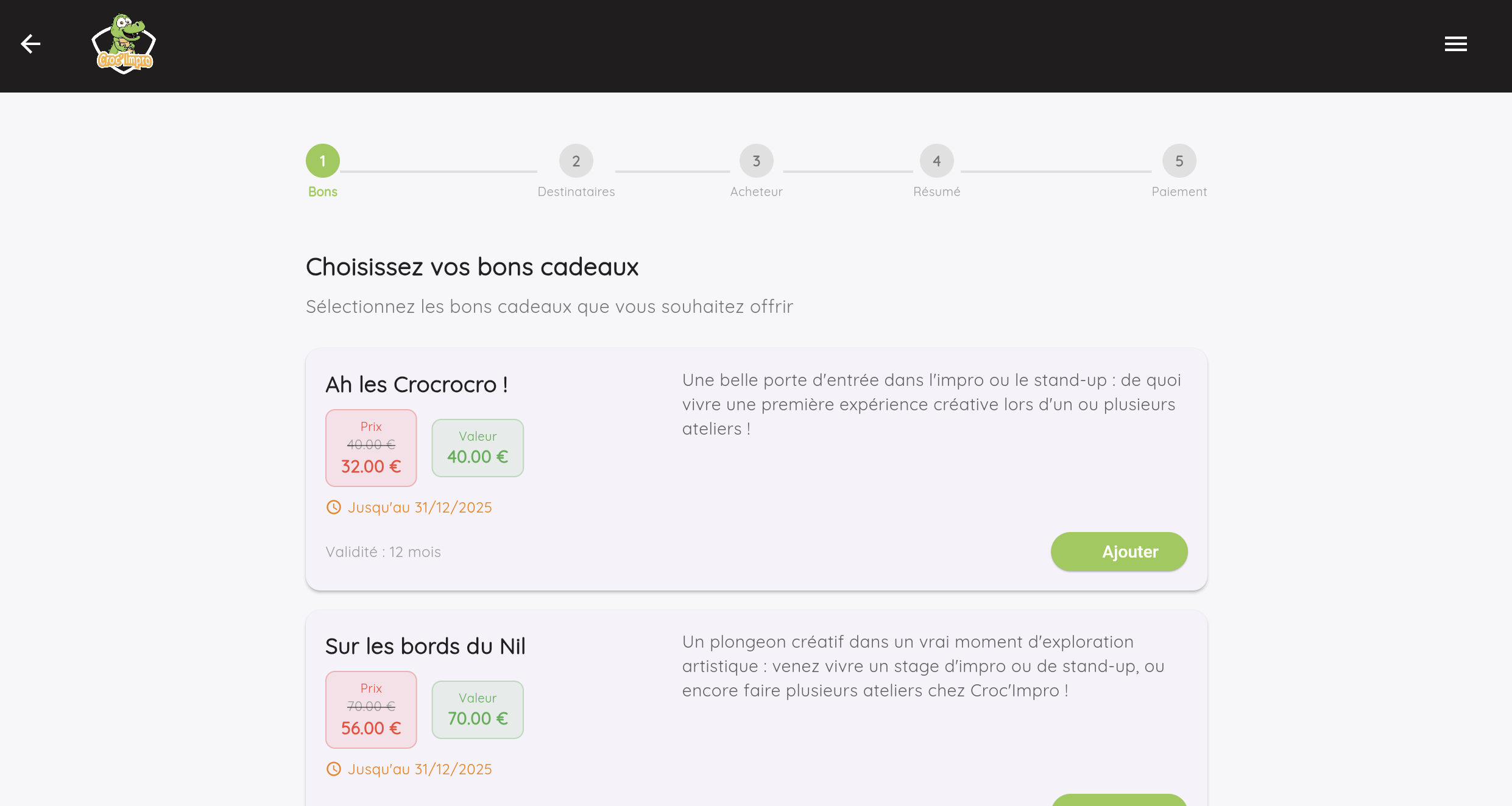 Achat de bons cadeaux